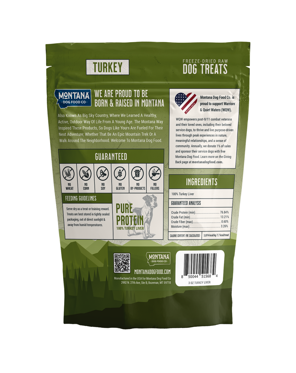 Back label of freeze-dried turkey liver dog treats showing raw single-ingredient content
