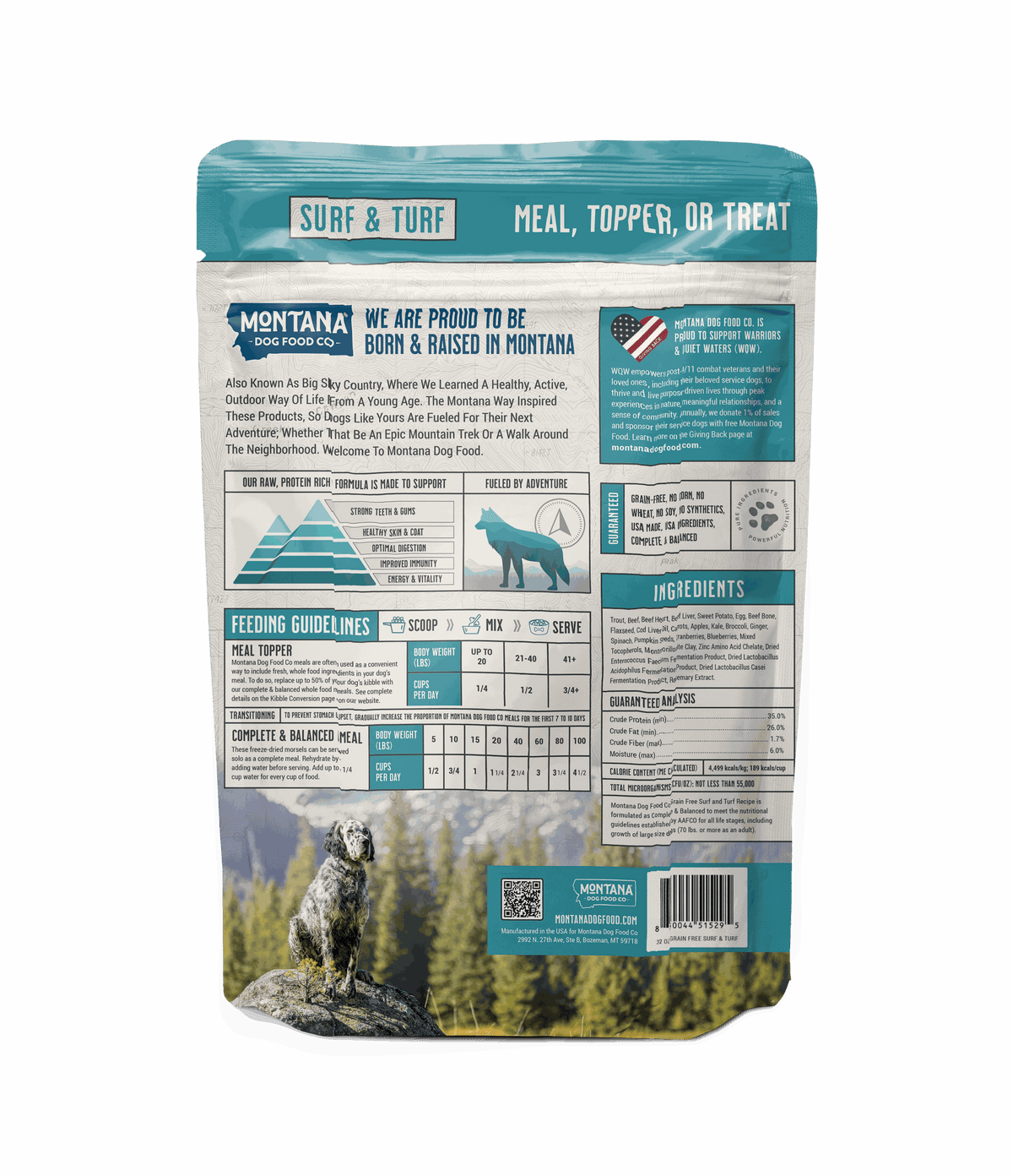 Back of Surf and Turf raw dog food showing Montana beef and wild-caught trout feeding guidelines