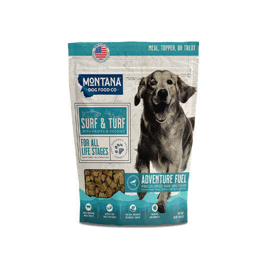 Montana Dog Food Co Surf and Turf beef and trout grain-free freeze-dried raw dog food bag
