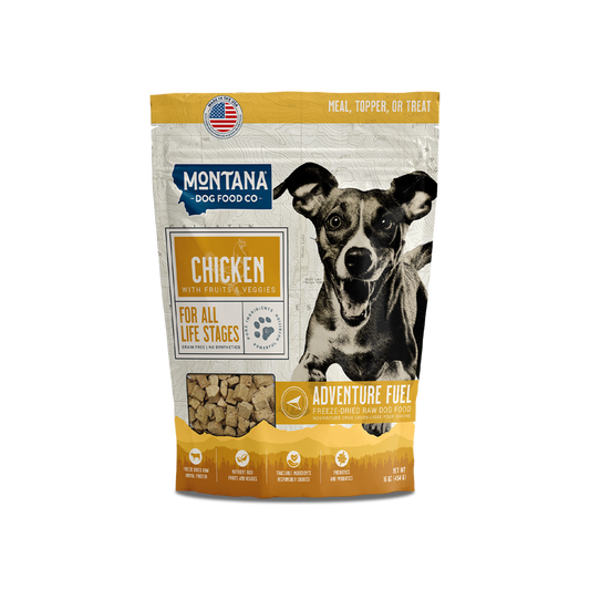 Montana Dog Food Co grain-free free-range chicken freeze-dried raw Adventure Fuel dog food bag