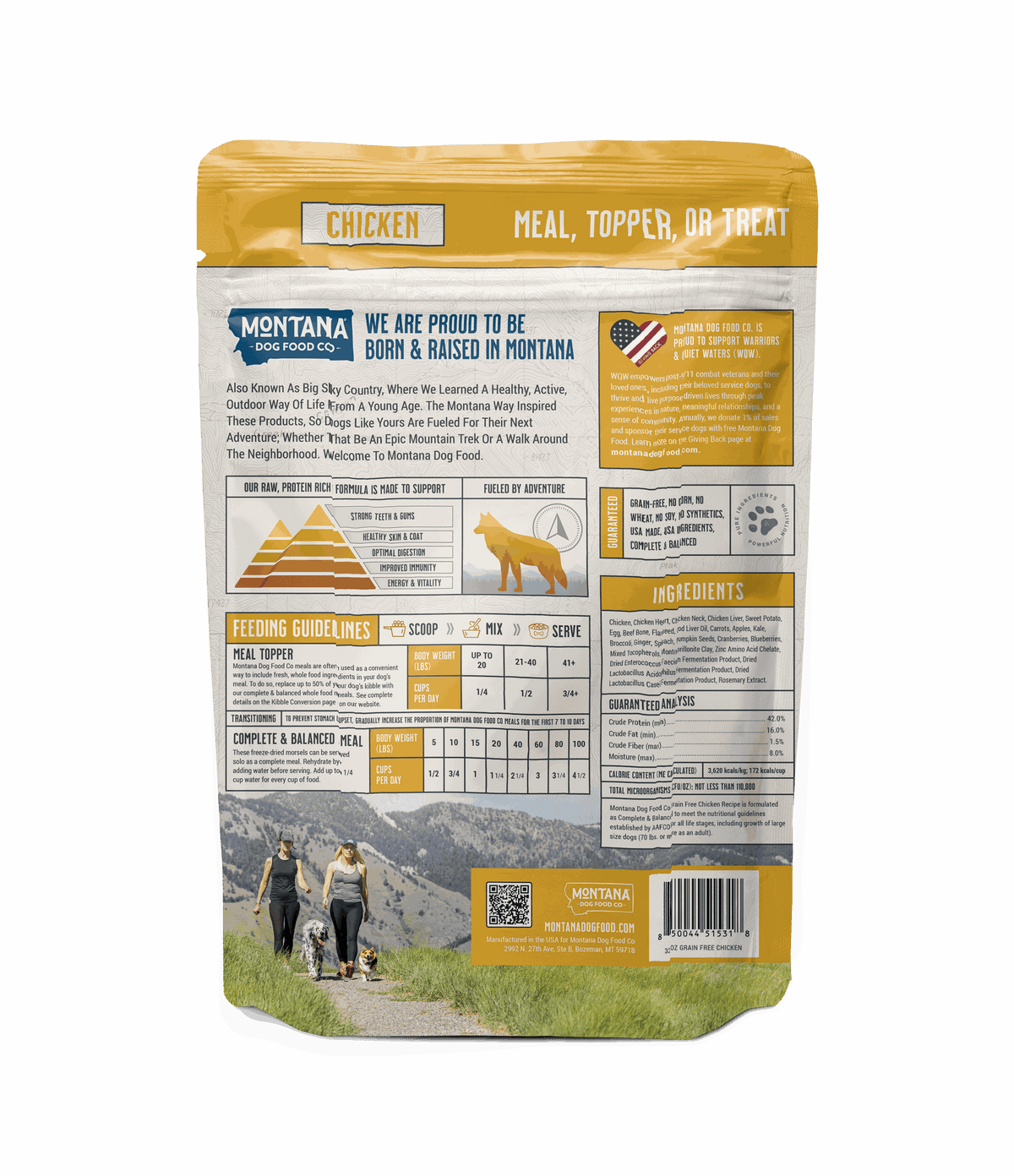Back of grain-free chicken dog food showing free-range chicken freeze-dried ingredients