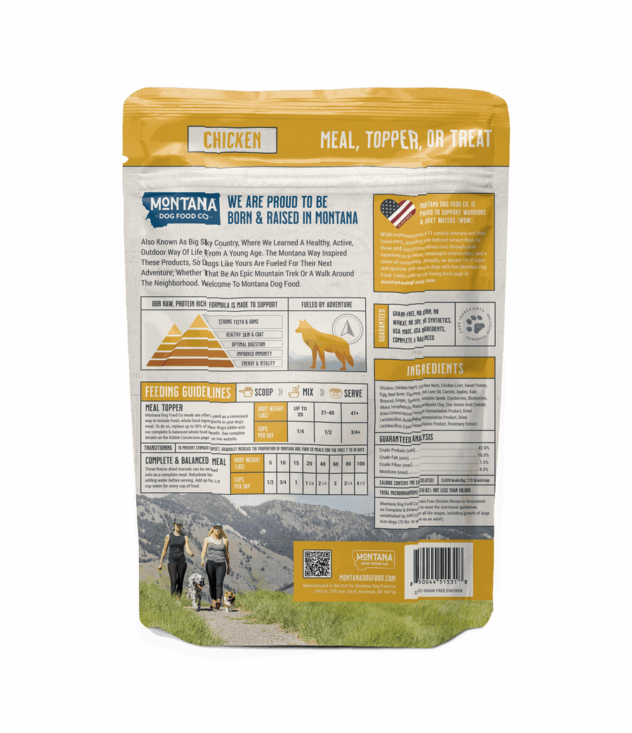 Back of grain-free chicken dog food showing free-range chicken freeze-dried ingredients