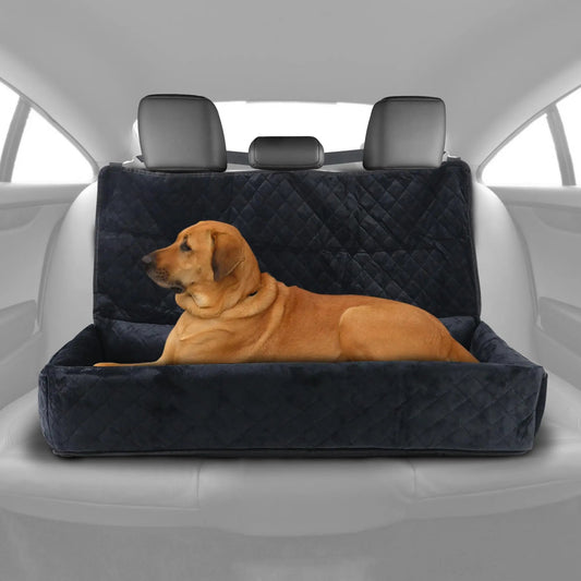 Huntley dog car seat for large dogs up to 100 lbs — black velvet booster back seat bed with golden Labrador resting comfortably inside car