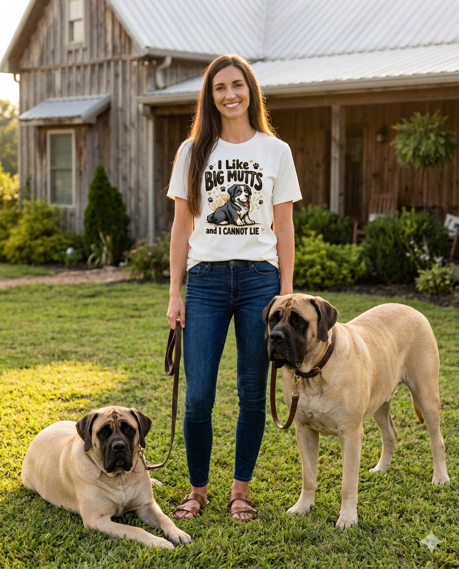 A woman wearing a white 'I Like Big Mutts and I Cannot Lie' graphic t-shirt standing with two large English Mastiff dogs in front of a rustic farmhouse.