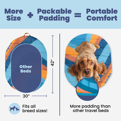 Rubyloo travel dog bed open and flat – Sunset Surf Teal color