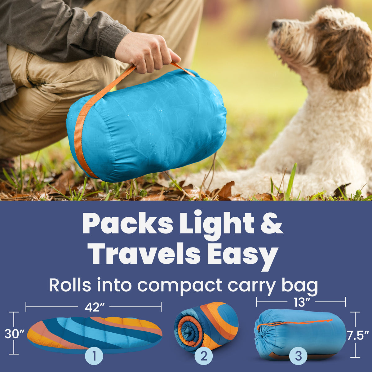 Rubyloo travel dog bed in sunset surf pattern, foldable and portable for camping, road trips, and travel with pets.