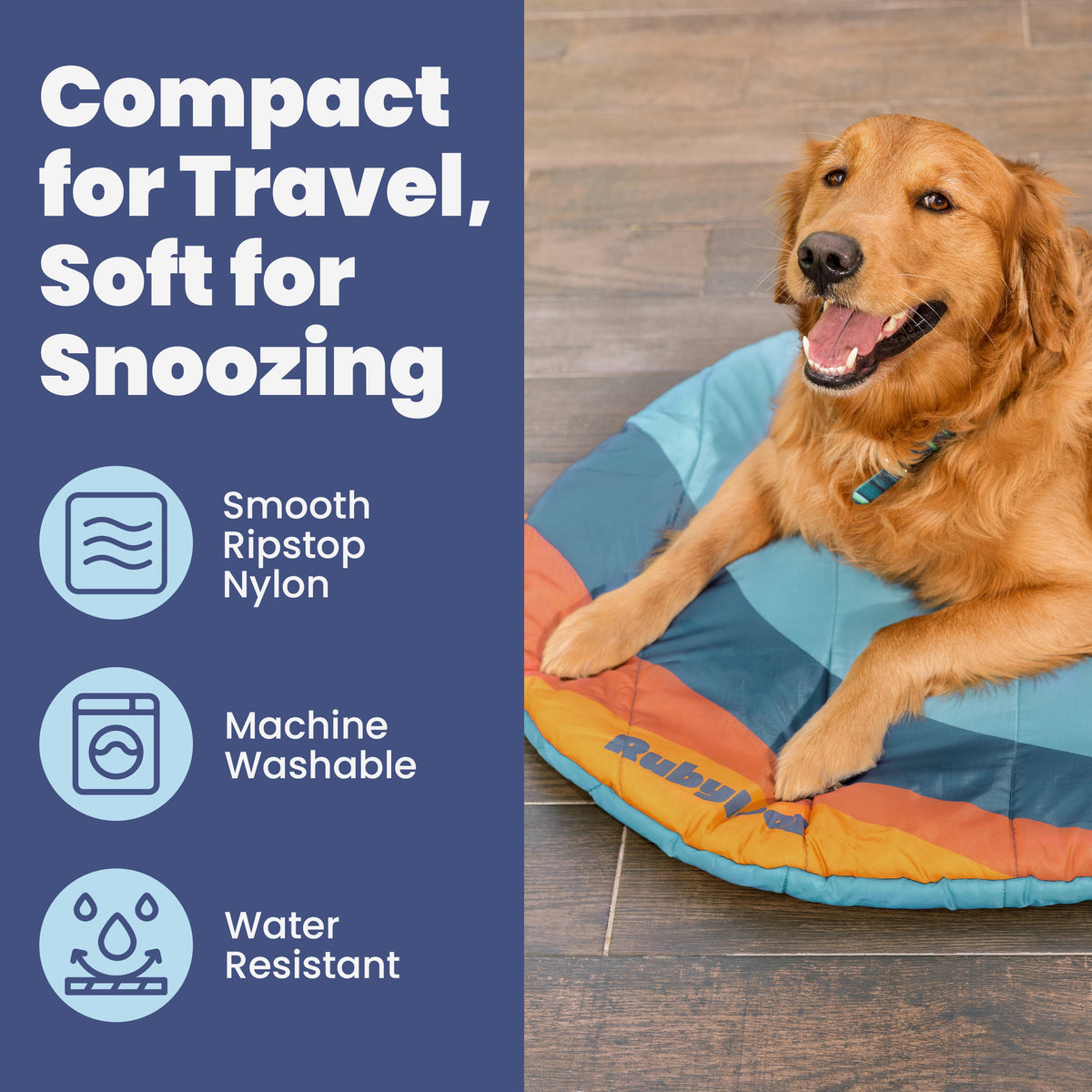 Rubyloo travel dog bed in sunset surf design, foldable and packable for camping, road trips, and travel with a comfortable surface.