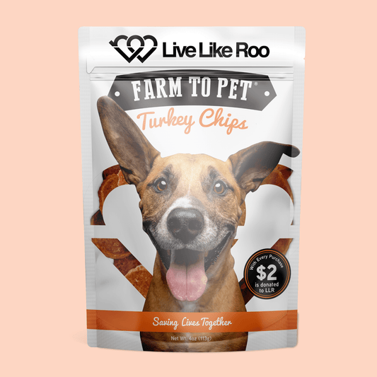 Live Like Roo turkey dog treats 4oz single-ingredient front bag canine cancer charity