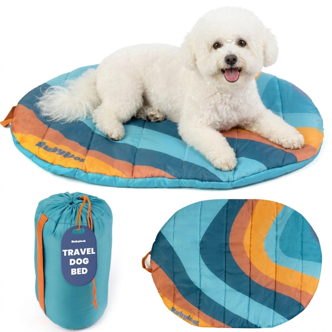 Rubyloo pink and purple ombre packable travel dog bed with a portable drawstring stuff sack for hiking and road trips.