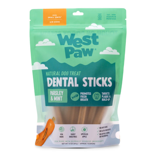 West Paw natural dog dental chews for small dogs, parsley and mint – front of package