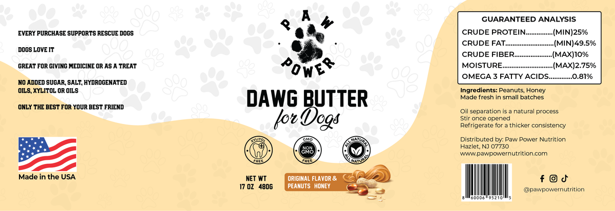 Dawg Butter Original Flavor label closeup showing two clean ingredients peanuts and honey for dog-safe treats