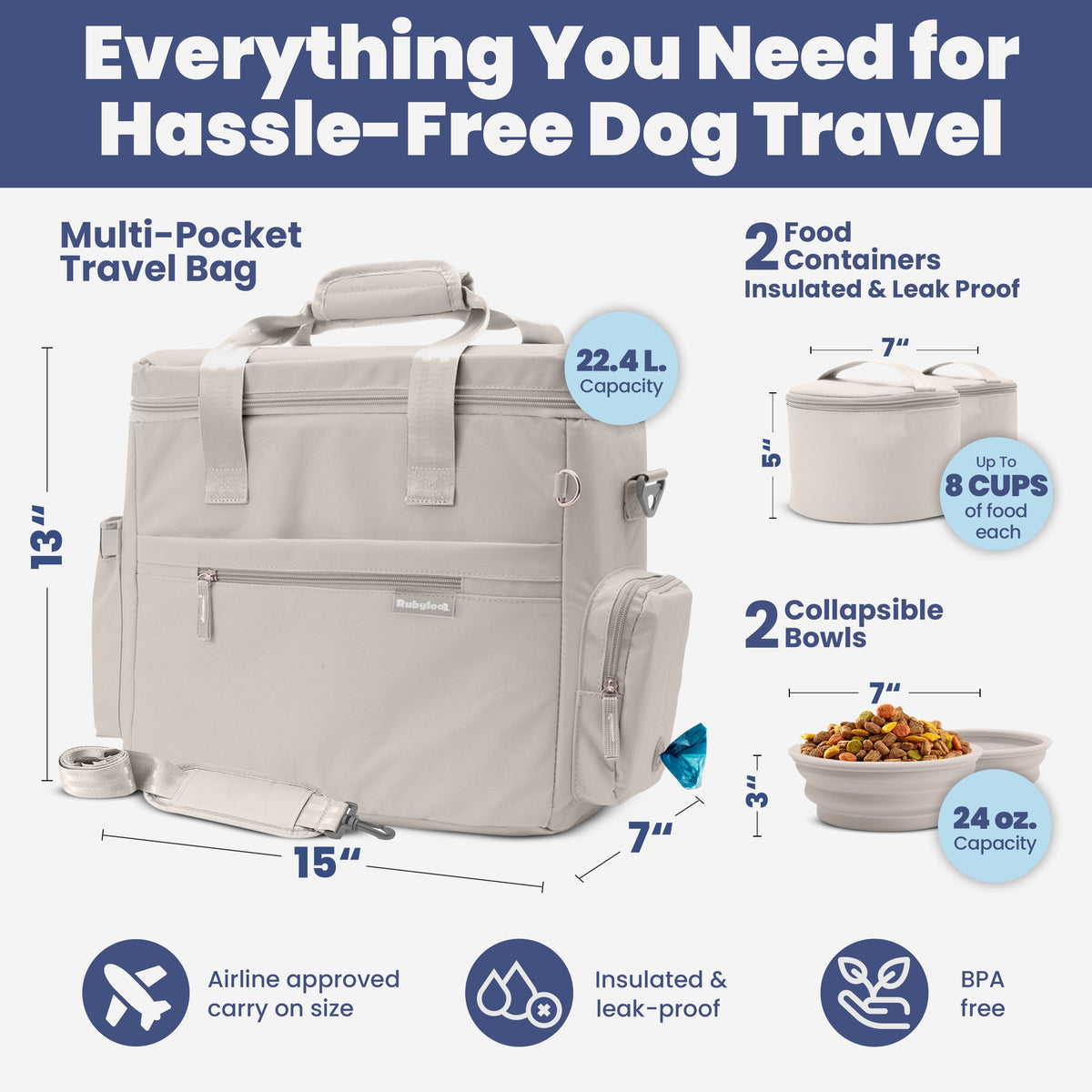 Original Doggy Bag dimensions and capacity – 25L, 15x13x7 inches dog travel bag