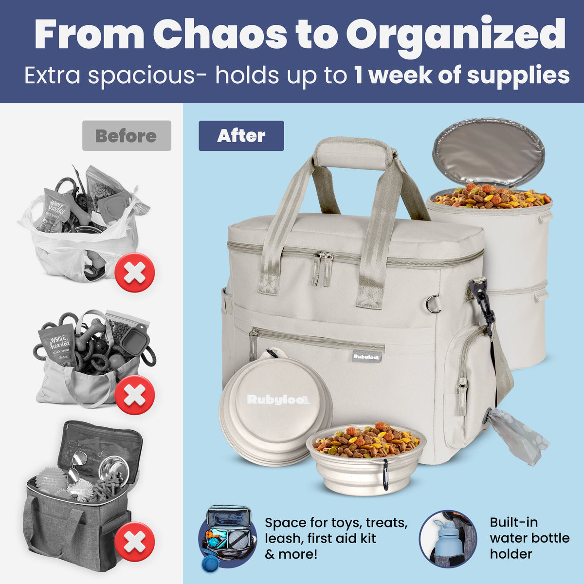 Original Doggy Bag chaos to organized – before and after using dog travel supply bag