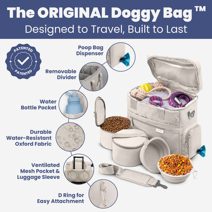 Original Doggy Bag features – TSA approved, collapsible bowls, food containers, poop bag dispenser