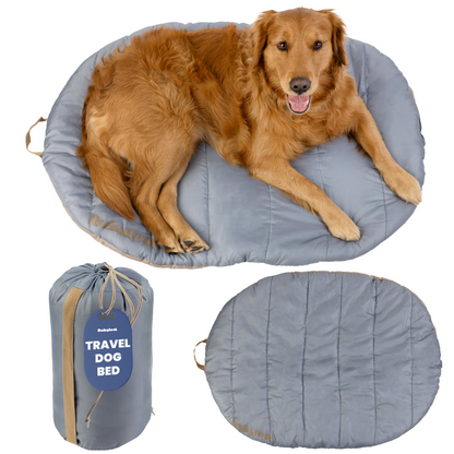 Foldable travel dog bed by Rubyloo with dog resting on portable camping bed and included carry bag, ideal for road trips, hiking, and outdoor adventures.