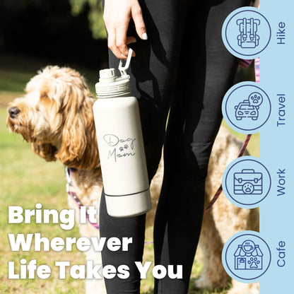 Rubyloo dog and human water bottle detachable bowl in use – dog drinking from bowl