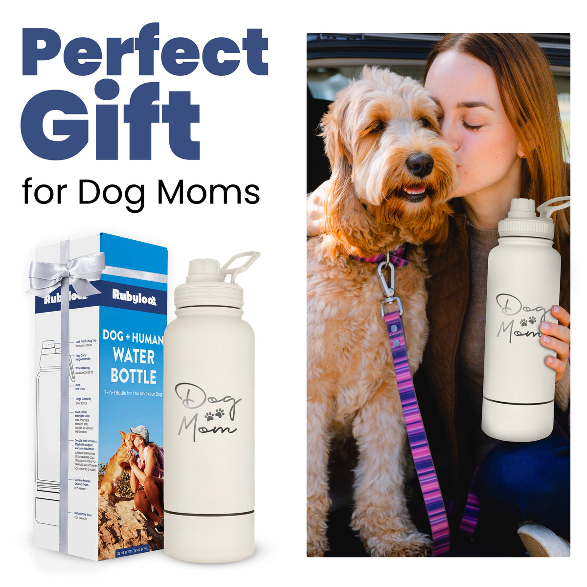 Rubyloo dog and human water bottle in cream – Dog Mom design