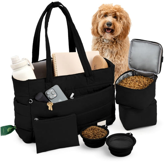 Rubyloo Puffer Dog Travel Tote showing contents – 9 pockets, collapsible bowls, food containers