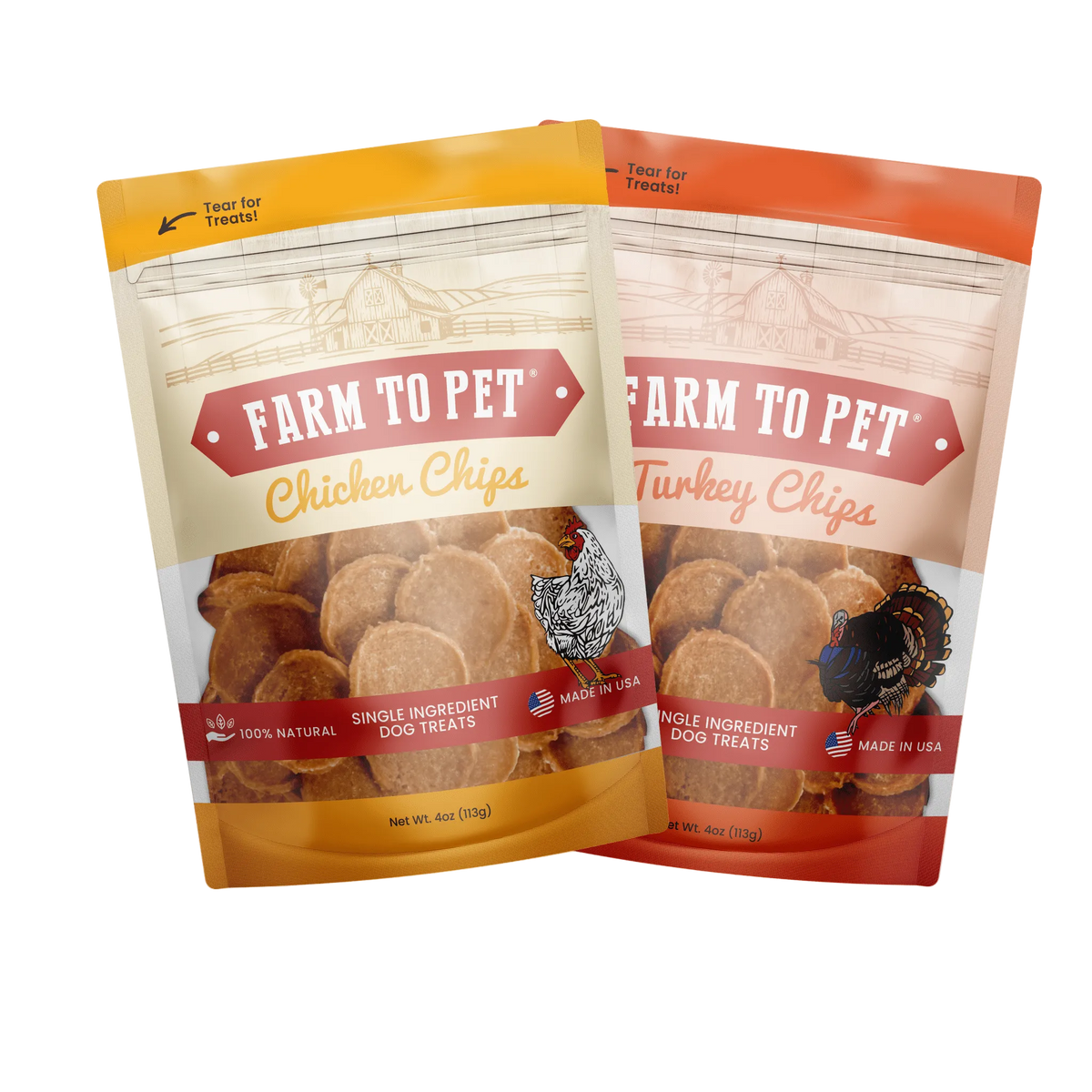 Two stand-up pouches of Farm to Pet dog treats on a plain white background. The front pouch is Chicken Chips with a yellow-orange top and bottom, and the rear pouch is Turkey Chips with an orange top and bottom.