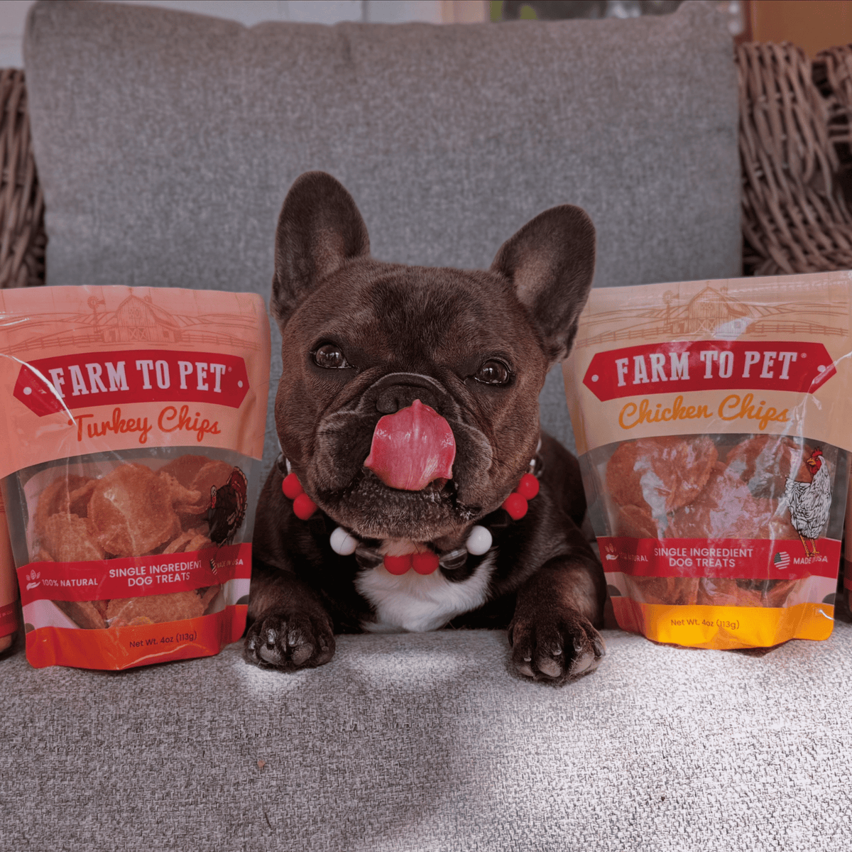 Dog licking lips for Farm To Pet turkey and chicken dog treat duo