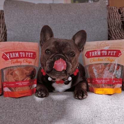 Dog licking lips for Farm To Pet turkey and chicken dog treat duo