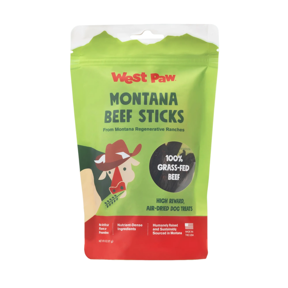⁠Front package of West Paw Montana Beef Sticks 100% grass-fed air-dried dog treats (6 oz bag)⁠