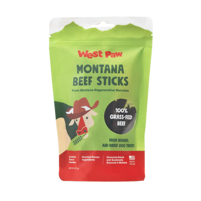 ⁠Front package of West Paw Montana Beef Sticks 100% grass-fed air-dried dog treats (6 oz bag)⁠