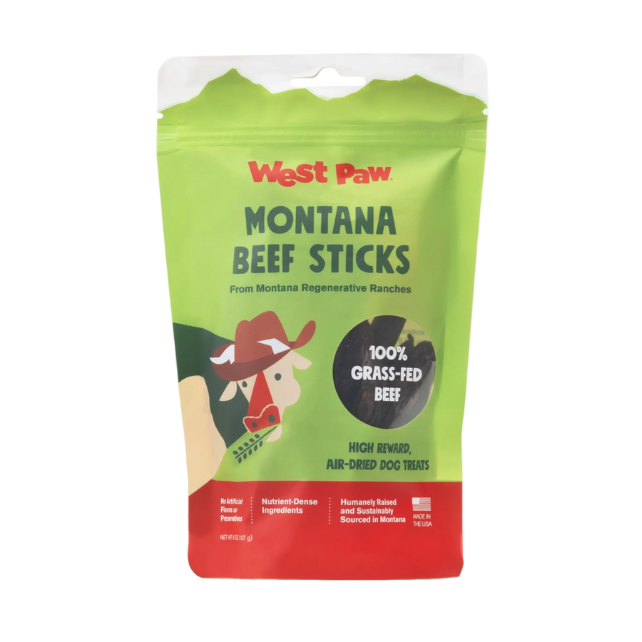 ⁠Front package of West Paw Montana Beef Sticks 100% grass-fed air-dried dog treats (6 oz bag)⁠