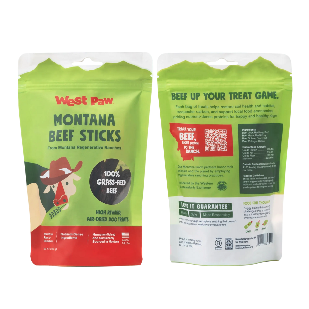 Two packages of West Paw Montana Beef Sticks on a white background