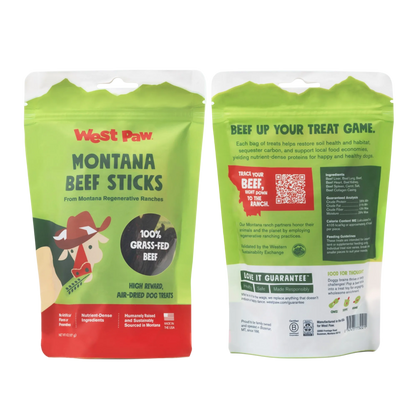 Two packages of West Paw Montana Beef Sticks on a white background