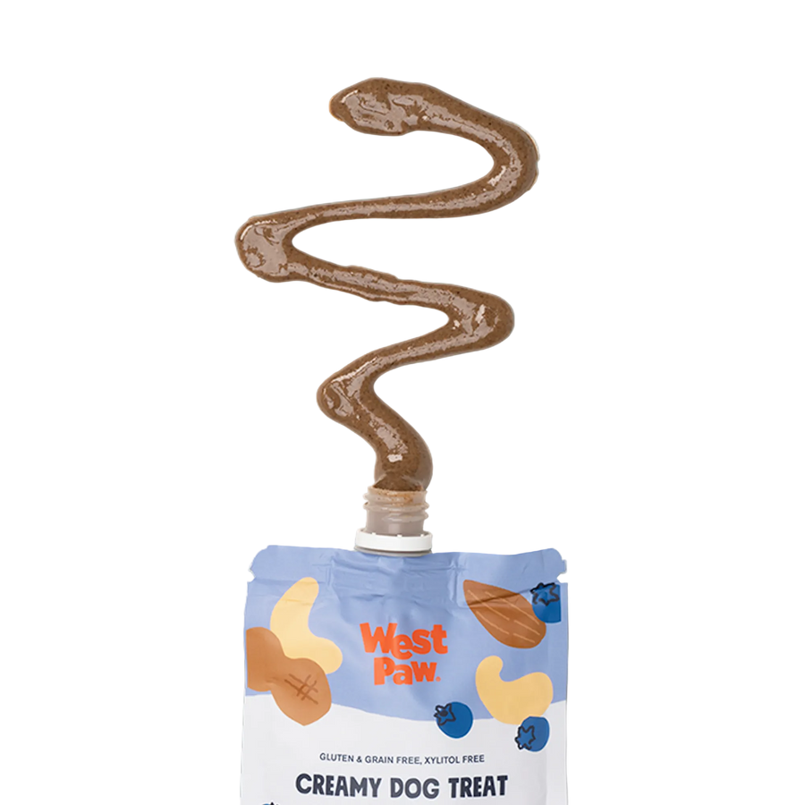 Back of the West Paw Nut Butter, Blueberry, and Chia Seed pouch showing ingredients and feeding directions