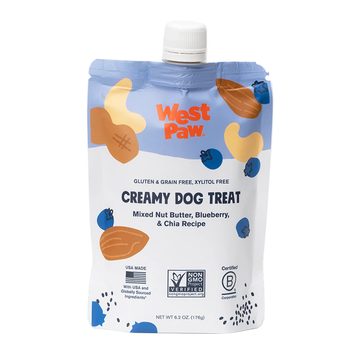 Front of the West Paw Nut Butter, Blueberry, and Chia Seed creamy dog treat pouch