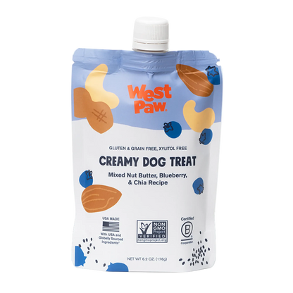 Front of the West Paw Nut Butter, Blueberry, and Chia Seed creamy dog treat pouch