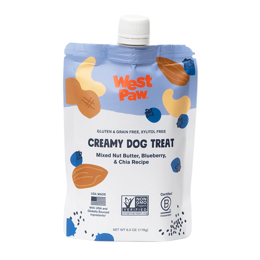 Front of the West Paw Nut Butter, Blueberry, and Chia Seed creamy dog treat pouch
