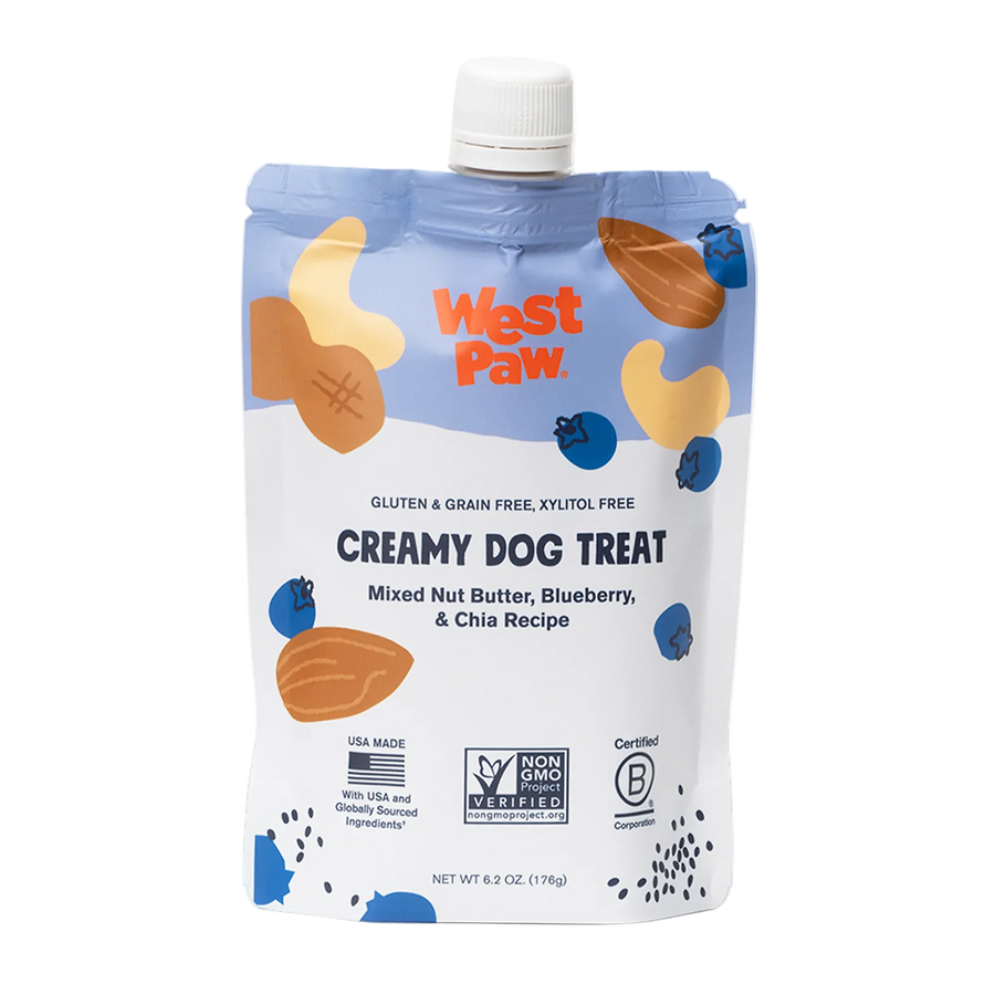 Front of the West Paw Nut Butter, Blueberry, and Chia Seed creamy dog treat pouch