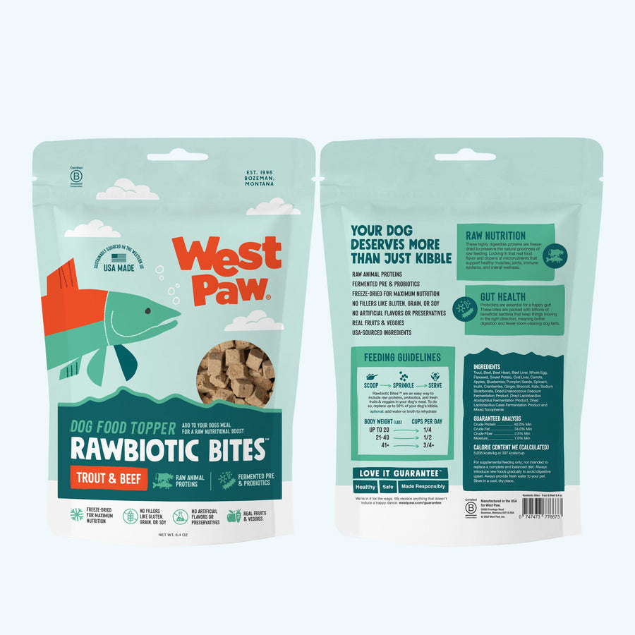 Back of the West Paw Trout and Beef dog food topper bag showing ingredients