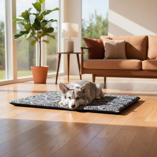 Grey and white Corgi resting on Paws & Pockets grey floral self-heating thermal pet bed on hardwood floor in mid-century modern living room with fiddle leaf fig plant and large windows