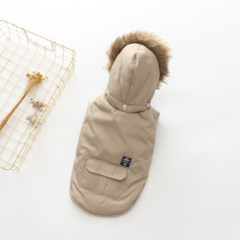 Pet Zen beige hooded cotton dog coat with fur-trimmed hood and chest pocket detail