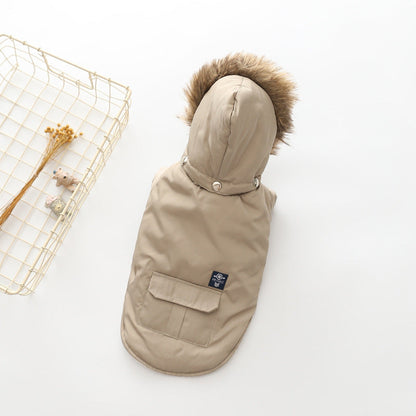Pet Zen beige hooded cotton dog coat with fur-trimmed hood and chest pocket detail