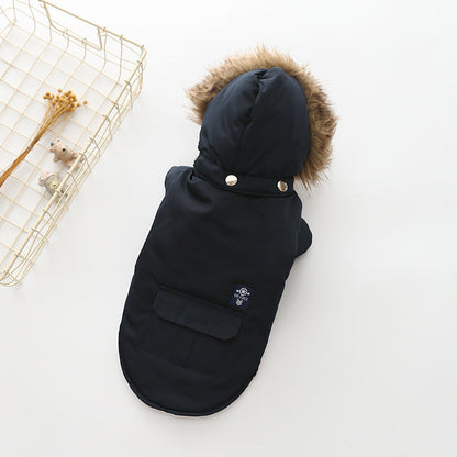 Pet Zen black hooded cotton dog coat with fur-trimmed hood and snap closures