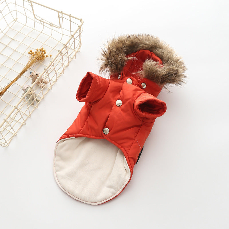 Pet Zen red hooded cotton dog coat with fur-trimmed hood and snap button closure