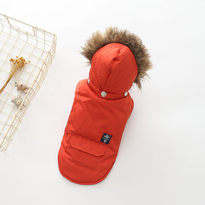 Pet Zen red hooded cotton dog coat with fur trim displayed on white background with decor