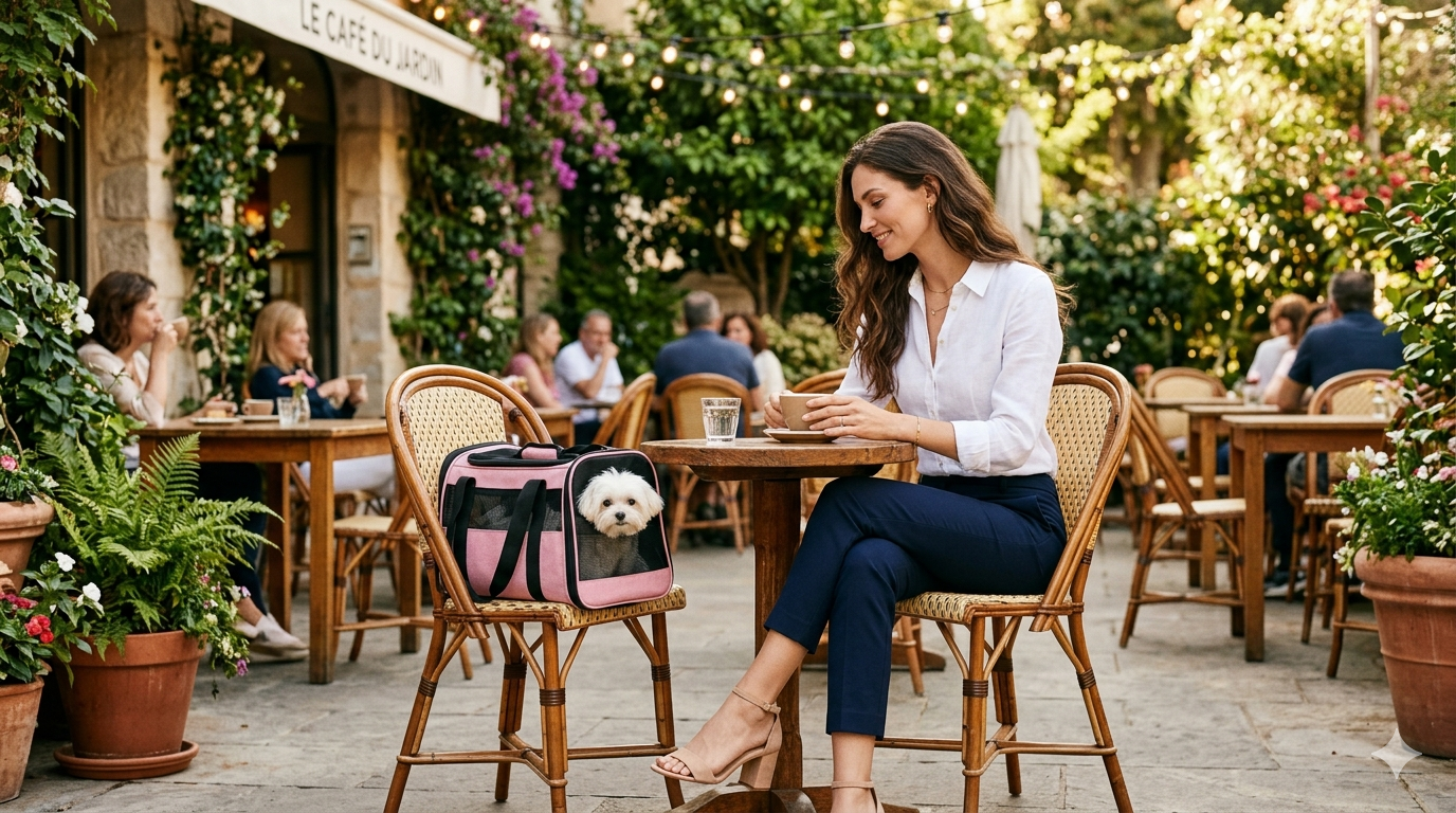 Woman in white blouse and navy pants sitting at outdoor cafe patio with pink pet carrier bag and white Maltese dog on chair beside her