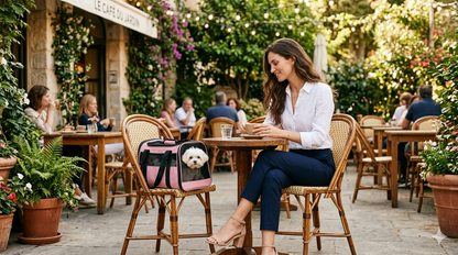 Woman in white blouse and navy pants sitting at outdoor cafe patio with pink pet carrier bag and white Maltese dog on chair beside her