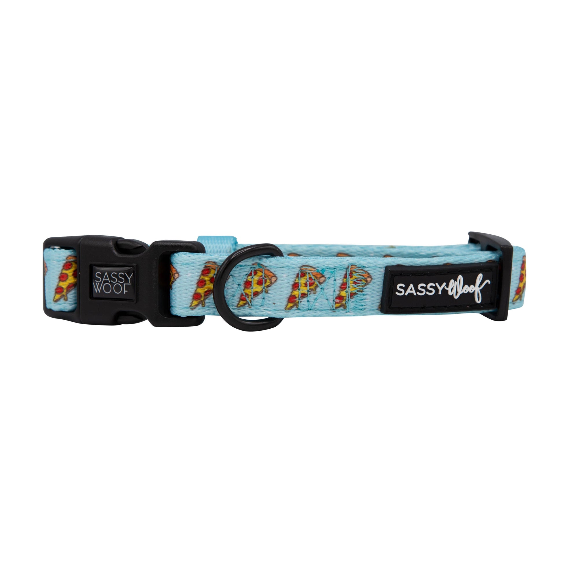 Sassy Woof Dog Collar from the Hot Pupperoni pizza-themed collection featuring a playful hotdog design.