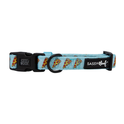 Sassy Woof Dog Collar from the Hot Pupperoni pizza-themed collection featuring a playful hotdog design.