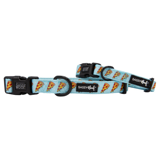 Sassy Woof Dog Collar from the One Hot Pupperoni pizza hotdog collection featuring a fun, colorful pet accessory with pizza and hotdog design.
