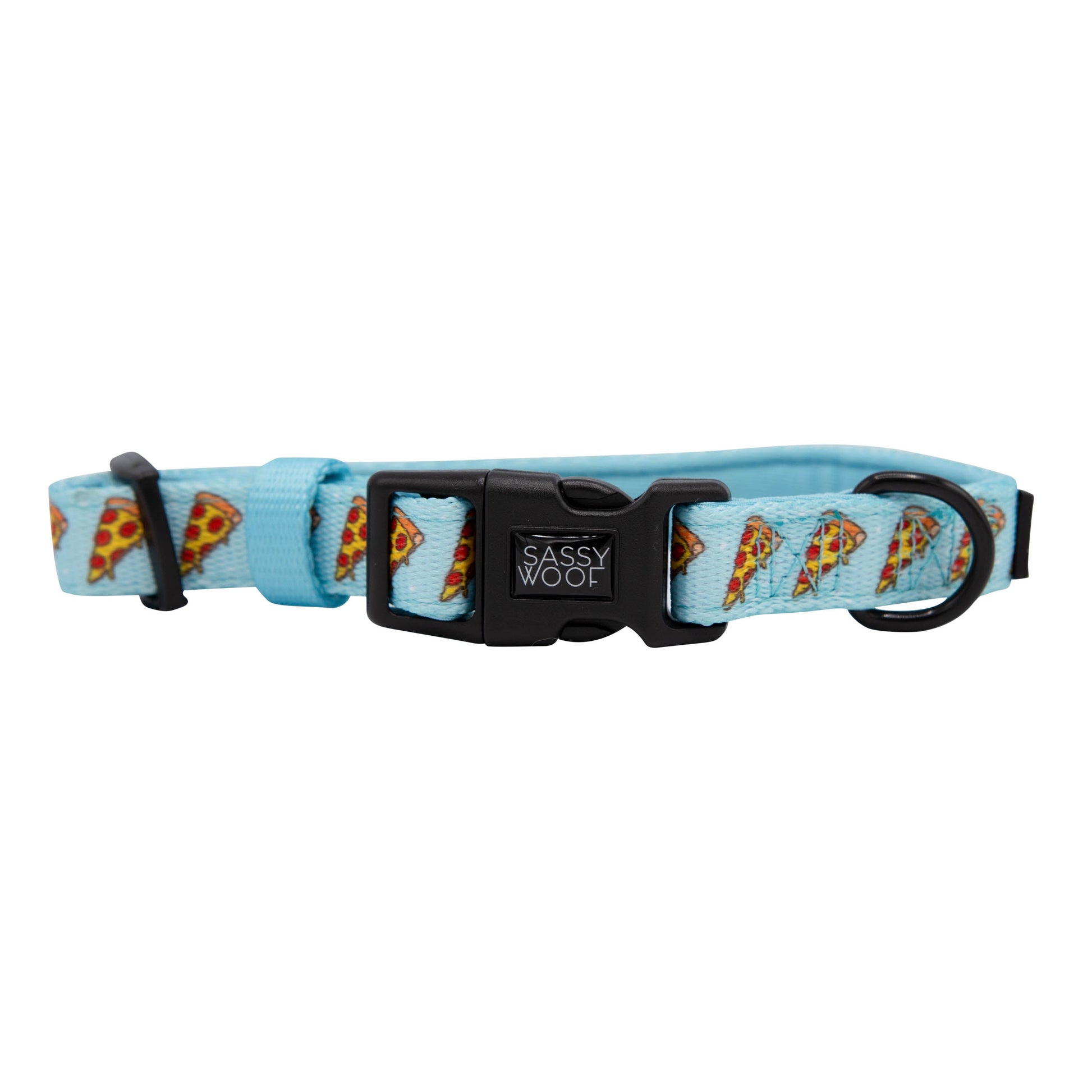 Dog collar from Sassy Woof's pizza hotdog collection featuring a fun pizza and hotdog print design.