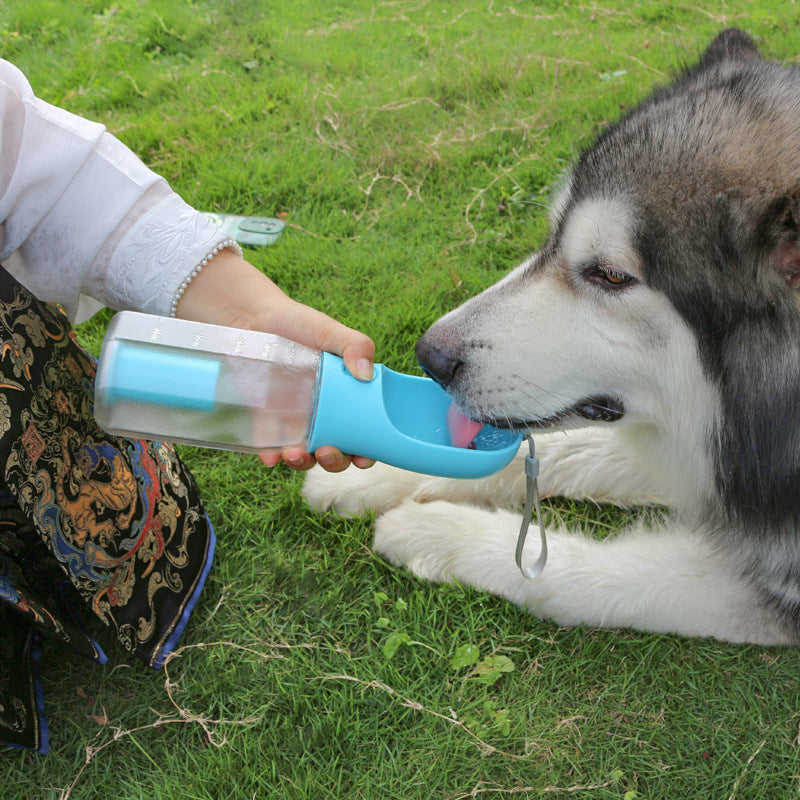 Portable dog water bottle for hiking shown from a different angle highlighting compact design