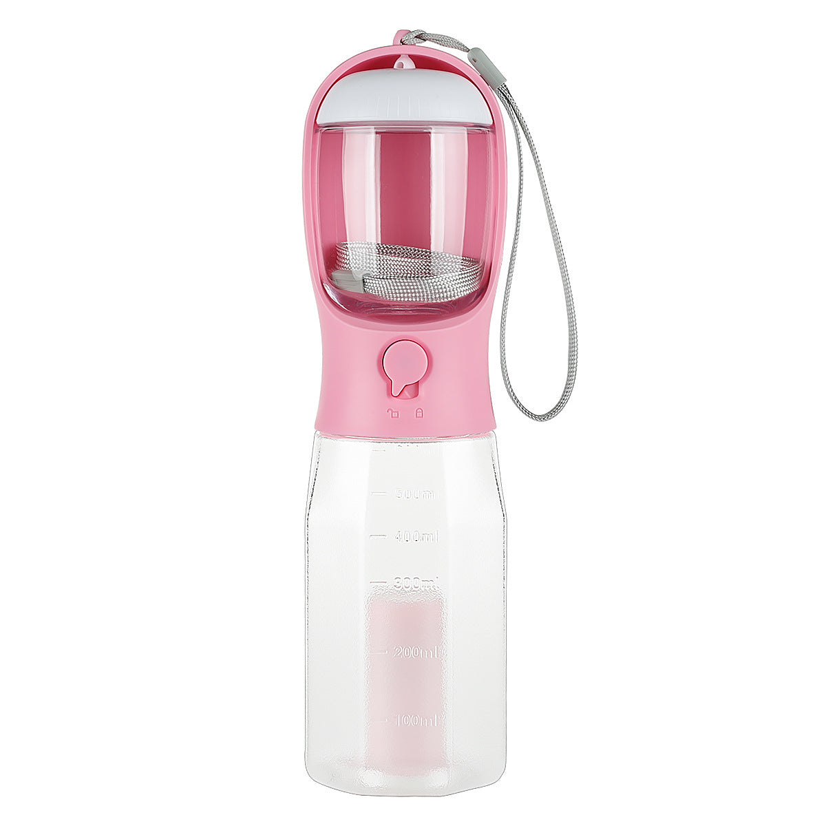 Portable dog water bottle for hiking with food compartment for kibble or treats